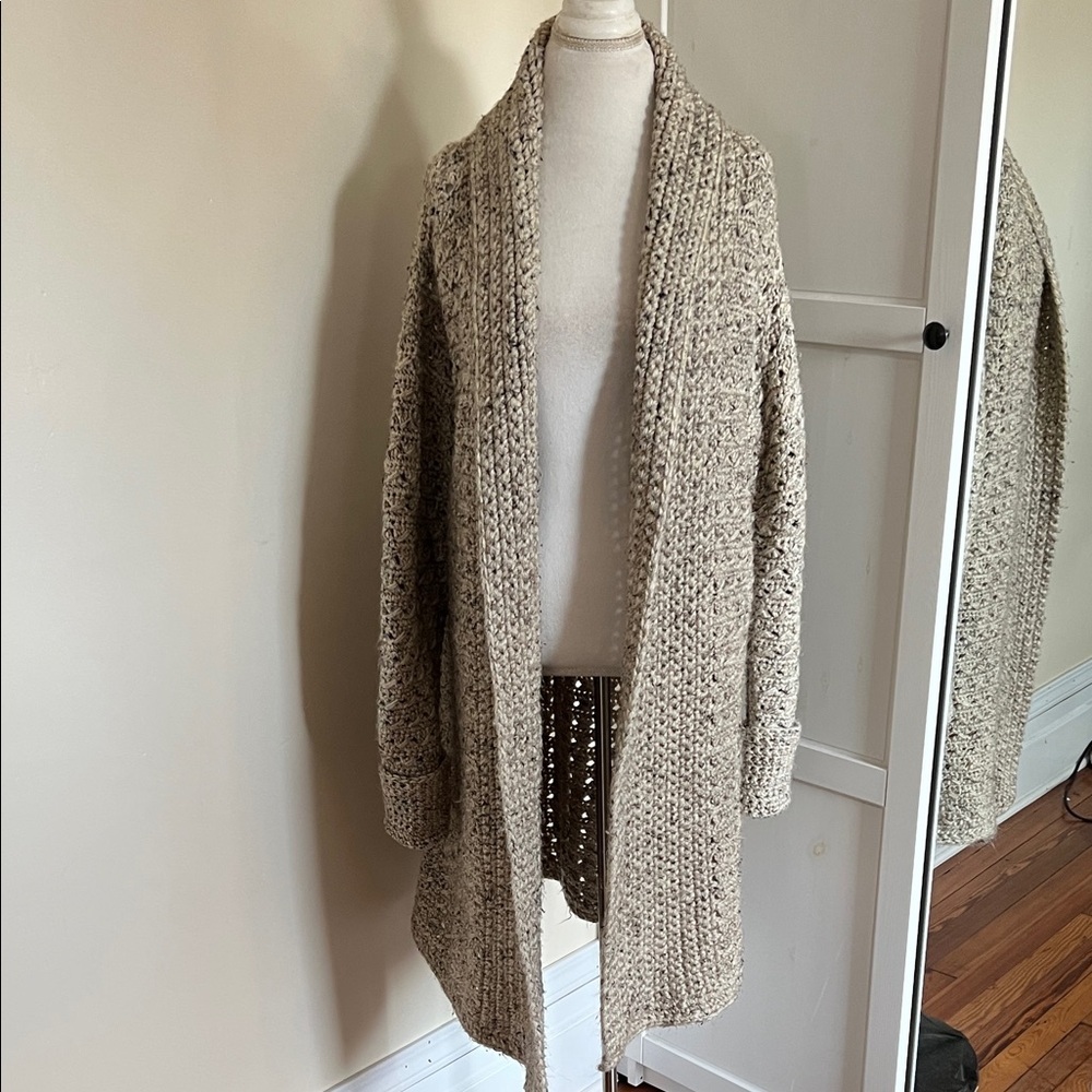 Hand Crocheted Long Open Cardigan Sweater - Oatmeal Melange - OS Fits M/L